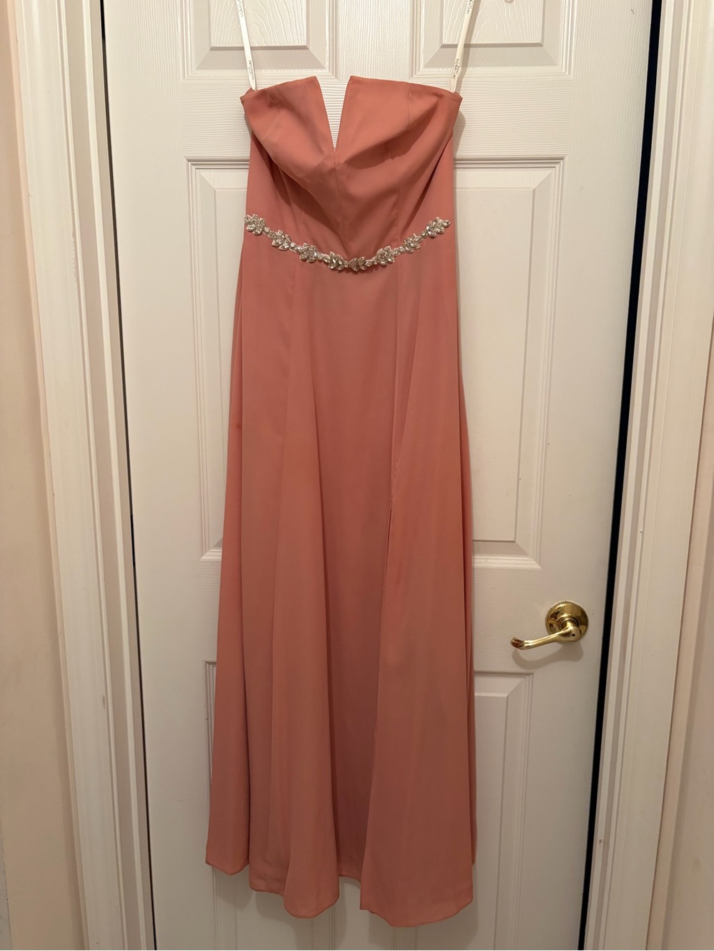 David's Bridal Strapless Peach Gown with Crystal Waist